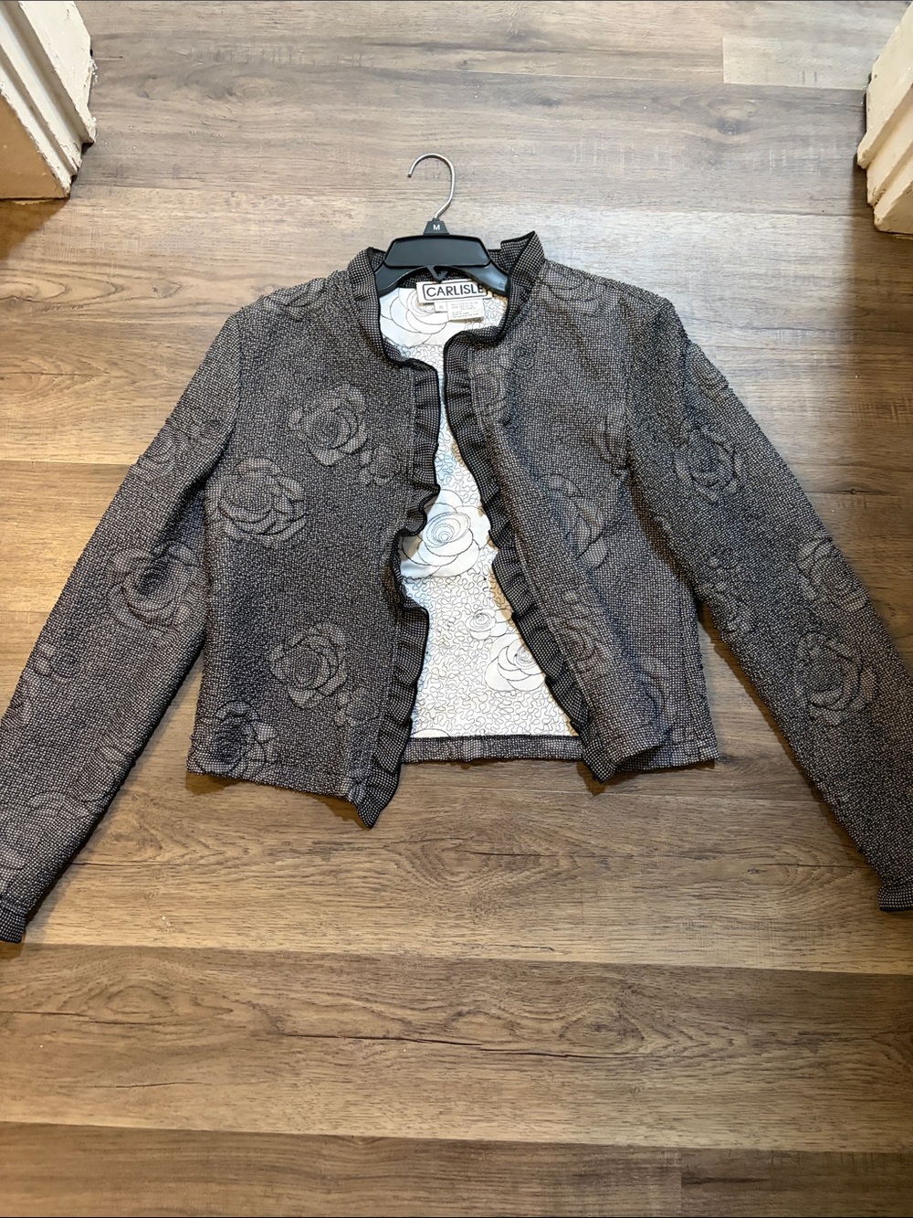 Vintage Elegant Carlisle Black Rose Jacquard Floral Ruffle-Trim Cropped Jacket